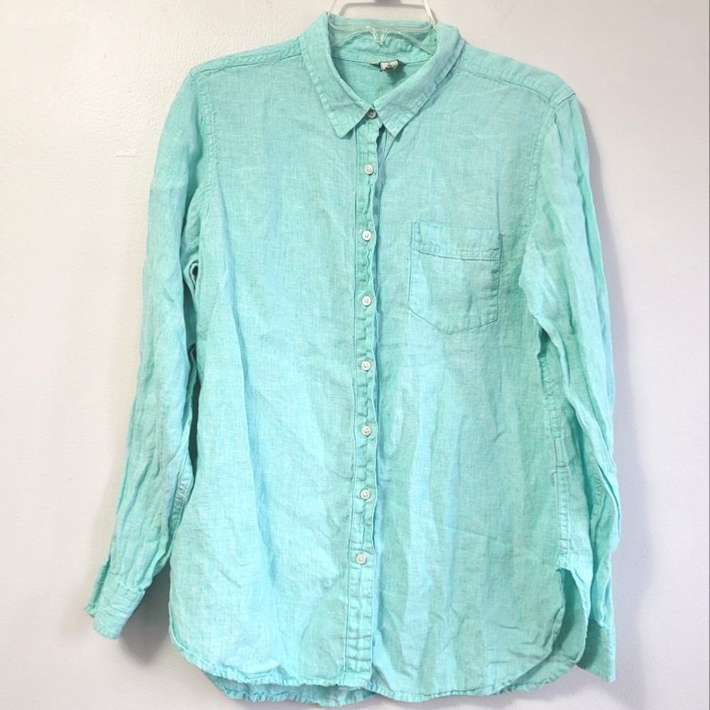 L.L. Bean Light Blue Linen Collared Button Down Long Sleeve Shirt Size Large